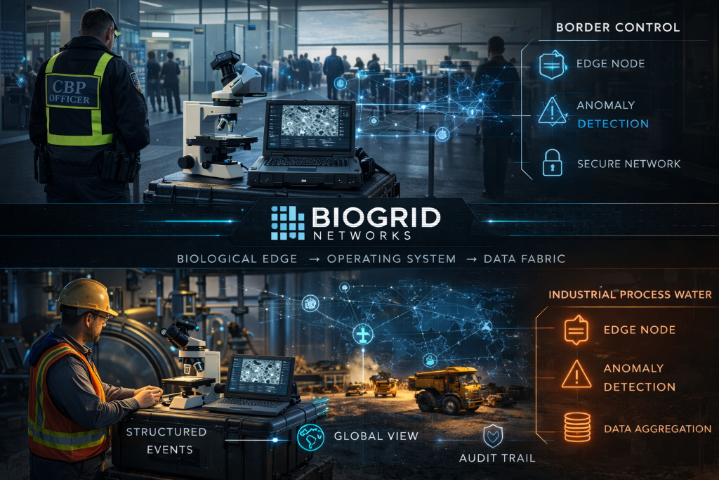 BioGrid deployed at border control and industrial process water environments — Edge Node, Anomaly Detection, Data Aggregation