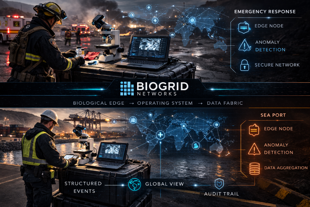 BioGrid deployed in emergency response and sea port environments — Edge Node, Anomaly Detection, Secure Network